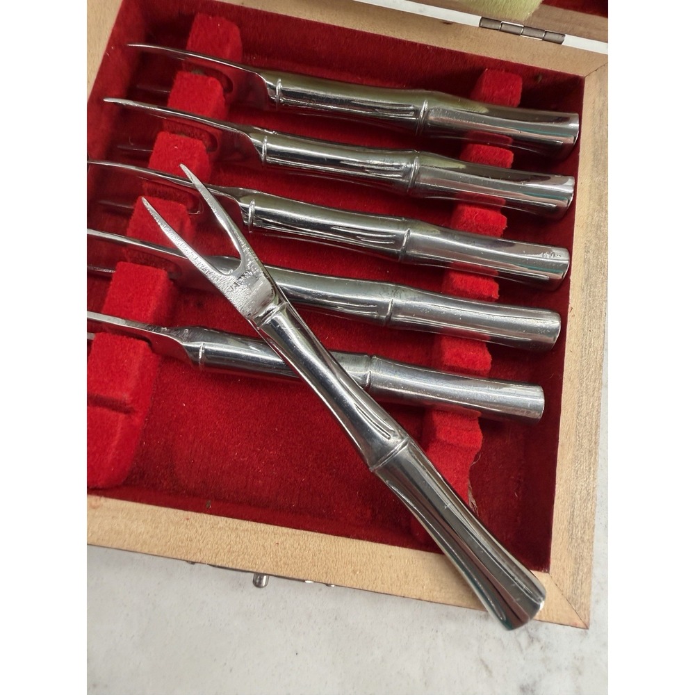 Vintage Viking Importade MCM Bamboo Canapé Forks Set of 6 Japan In Wood Box